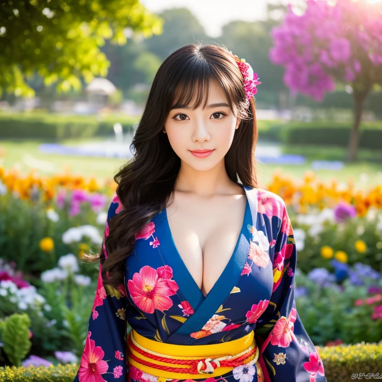 1 girl aged 25-30 years,Bright and beautiful demeanor, Long hair floats up,blown up, The sun shines brightly., sexy big breasts, flower garden, Red, black, dark blue, traditional kimono,, Masterpiece, best quality, Highly detailed 16k,  Take photos with a high quality camera 45,000,000 pixels