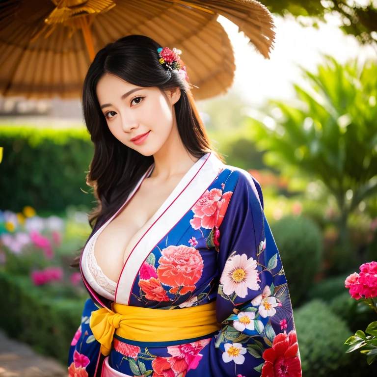 1 girl aged 25-30 years,Bright and beautiful demeanor, Long hair floats up,blown up, The sun shines brightly., sexy big breasts, flower garden, Red, black, dark blue, traditional kimono,, Masterpiece, best quality, Highly detailed 16k,  Take photos with a high quality camera 45,000,000 pixels