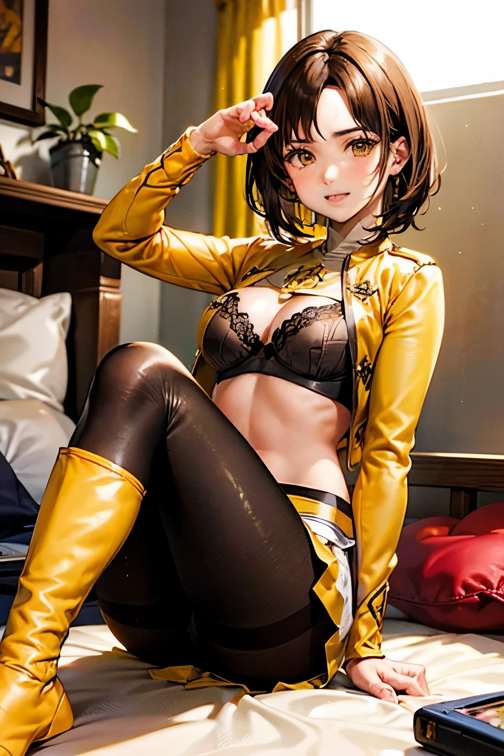 Luca Milfi、Gokaiger、Brown Hair、Short Hair、((pantyhose))、Photo from below、Medium chest、Bedroom、((Yellow Ranger))、One girl、((Black Bra))、Pencil Skirt