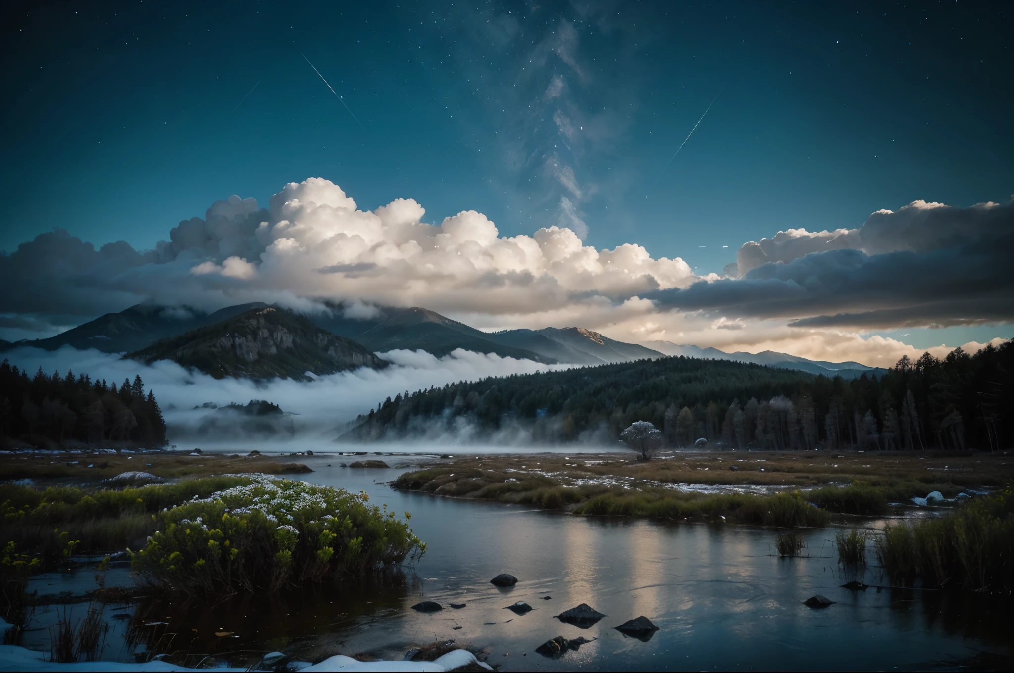 Background, lots of high mountains, lots of clouds, winter sky, seeing constellations, Galaxy, Milky Way, beautiful winter night with small city wallpaper ,view is spectacular.,mountain forest landscape photography,nature,It just rained.,Bushes in the moonlight,Turquoise blue water,Rocks of various shapes,alpine cliffs,1 white Phalaenopsis orchid,Gray, black and white and blue tones, minimalist style.,The sky is foggy.,nightmare vision, Dark fantasy storyline,Perfect and wonderful composition,8k resolution,details,rain path,moisture,Water stains,Take a very wide angle photo.,Jack Guzman's environmental art photography,realistically,movie elements,Volumetric illumination,brightness, Detailed, dramatic sky, Multi-colored clouds floating.,true to life, clear public space, flawless perfection, SLR digital camera, 16k, 1024, 2048, 4096, Detailed, sharp, best quality, มีHigh quality, nonsense,Driverless background,which has many details、Shadows with details,Trends on artstation、complicated、high details、Dramaidjourney art(Volumetric illumination:1.2)shot in hdr。(Distant view,super deep view,ultra wide angle,Microfocal length lens:1.2)(realistically:1.4)Masterpiece、High quality、Beautiful photography、world class illumination.,full colour+mood and tone, IMAX cameras., national geographic, photography,Lord of the Rings style, Polaroid, high-detail realistic 8k full HD.