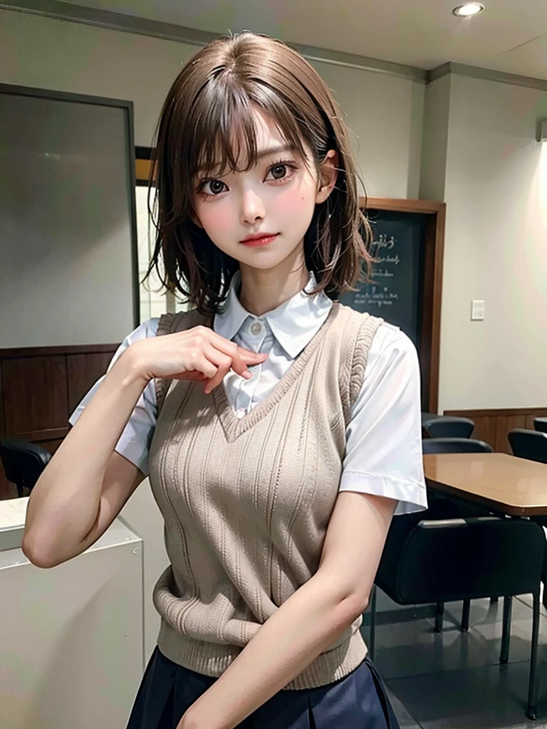 Masterpiece, Top Quality, Top Mikoto, brown eyes, short hair, small breasts, looking at viewer, alone, closed mouth, collared shirt, beige knit vest, dark blue Skirt, school_uniform, shirt, white_shirt, classroom,Masterpiece, highest quality, 8K, detailed skin texture, fine cloth texture, beautiful detailed face, intricate details, super detailed,cute,cute posing,composition that shows the whole body,