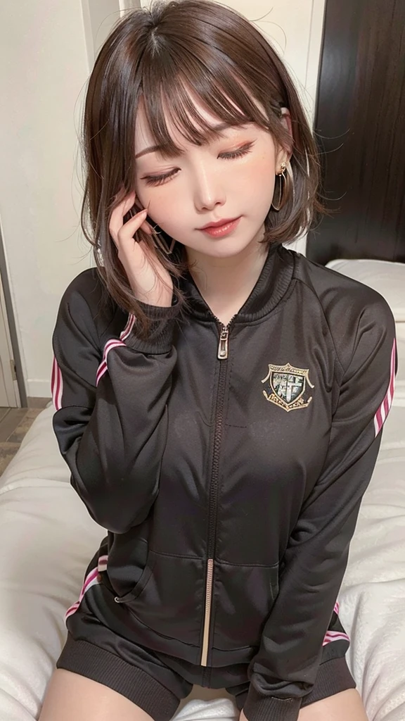 1 female, Brown Hair,Brown eyes, Delicate face, cute, Love Earrings, Tracksuit top and bottom, Playful, Ultra HD, masterpiece, highest quality, Super detailed, Accurate,((wince)),((one eye closed)),