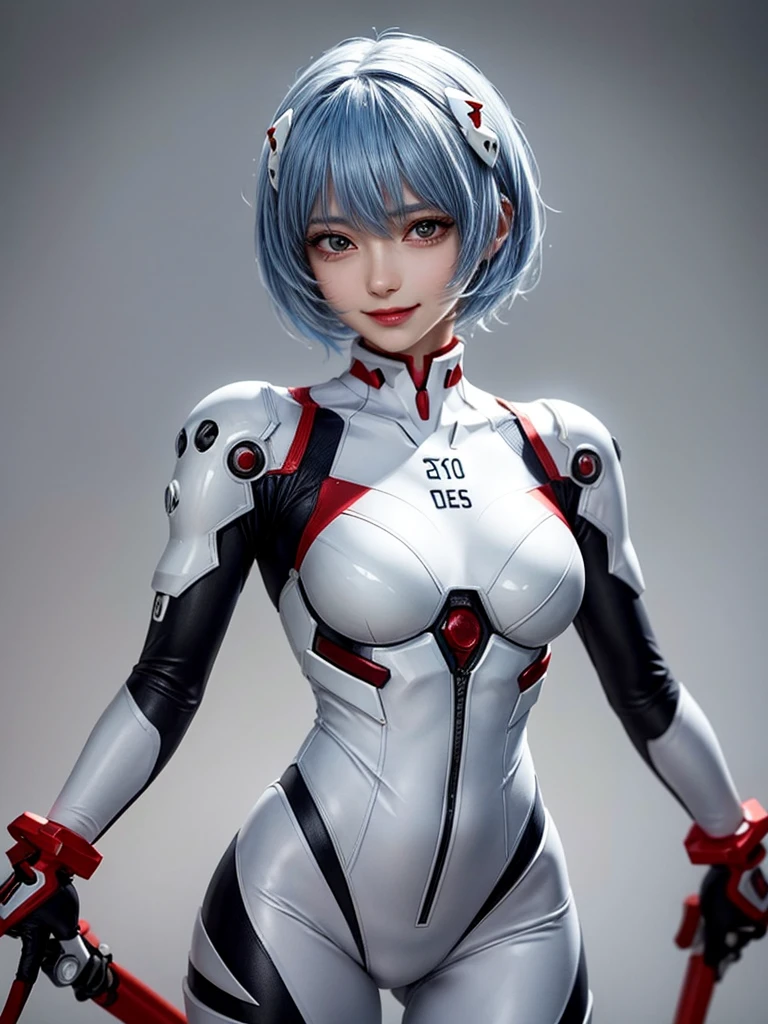 Masterpiece, highest quality, 8K, detailed skin texture, fine cloth texture, beautiful detailed face, intricate details, super detailed, portrait of Rei Ayanami, blue hair, red eyes, looking far away, no background, Evangelion Wearing a plug suit when riding, plug suit, whole body visible, standing, arms crossed, 15 years old, beautiful, cute, great style, smiling,composition that shows the whole body,