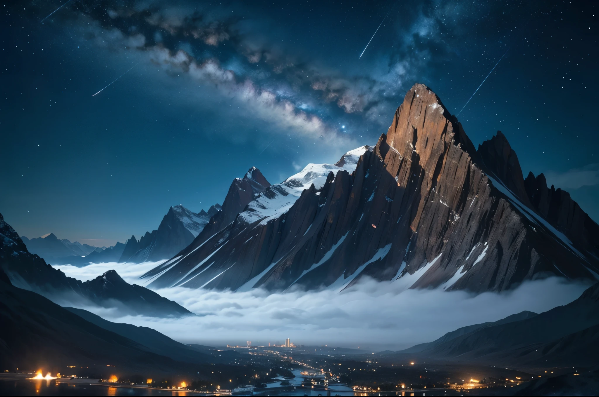 Large mountain, ground view, far view, night time, mountain fogus, big planet on sky, no one，Dark fantasy storyline，Perfect and wonderful composition，8k resolution，details，rain path，moisture，Water stains，Take a very wide angle photo.，Jack Guzman&#39;s environmental art photography，realistically，movie elements，Volumetric illumination，brightness, Detailed, dramatic sky, Multi-colored clouds floating.，true to life, clear public space, flawless perfection, SLR digital camera, 16k, 1024, 2048, 4096, Detailed, sharp, best quality, มีHigh quality, nonsense，Driverless background，which has many details、Shadows with details，Trends on artstation、complicated、high details、Dramaidjourney art（Volumetric illumination：1.2）shot in hdr。（Distant view，super deep view，ultra wide angle，Microfocal length lens：1.2）（realistically：1.4）Masterpiece、High quality、Beautiful photography、world class illumination.,full colour+mood and tone, IMAX cameras., national geographic, photography,Lord of the Rings style, Polaroid, high-detail realistic 8k full HD.