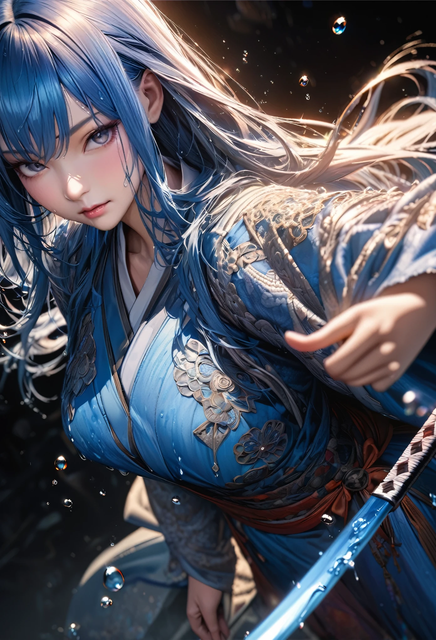 (best quality, masterpiece, colorful, dynamic angle, highest detailed)full body photo, ull body photo epic realistic, (close up), 1girl, floating blue_hair, long hair, (water:0.7), waterdrop, wet, holding_katana, blue_kimono with intricate pattern, ultra detailed, (textured_clothing), black_background,  (intricate details, hyperdetailed:1.15), detailed, light passing through hair, (official art, extreme detailed, highest detailed),