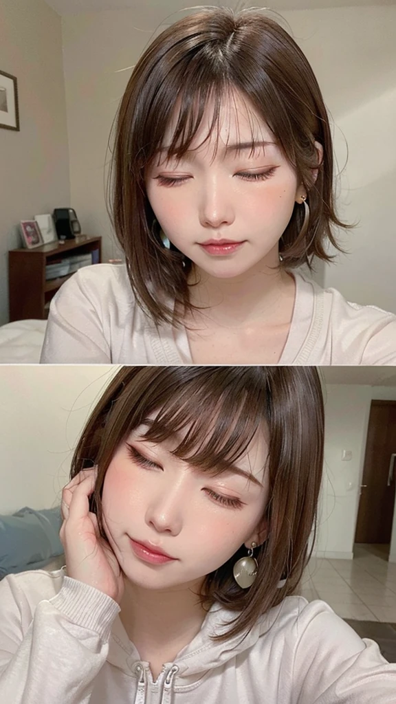 1 female, Brown Hair,Brown eyes, Delicate face, cute, Love Earrings, Tracksuit top and bottom, Playful, Ultra HD, masterpiece, highest quality, Super detailed, Accurate,((wince)),((one eye closed)),