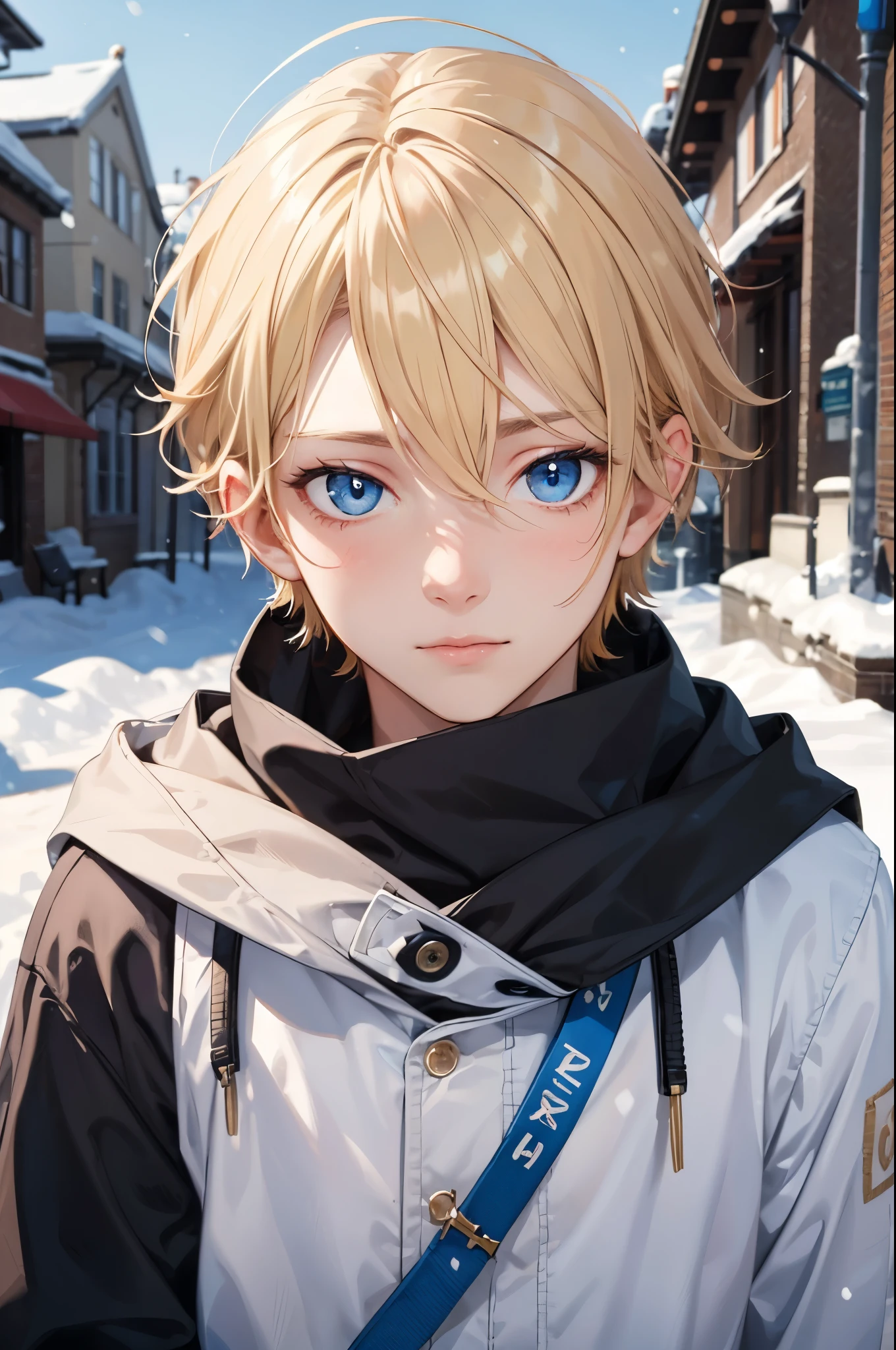 Portrait of a beautiful European boy,alone,16 years,Beautiful Face, blonde, Sharp focus,snow day,boy,from the front,Beautiful boy,Upper Body,blue eyes,
