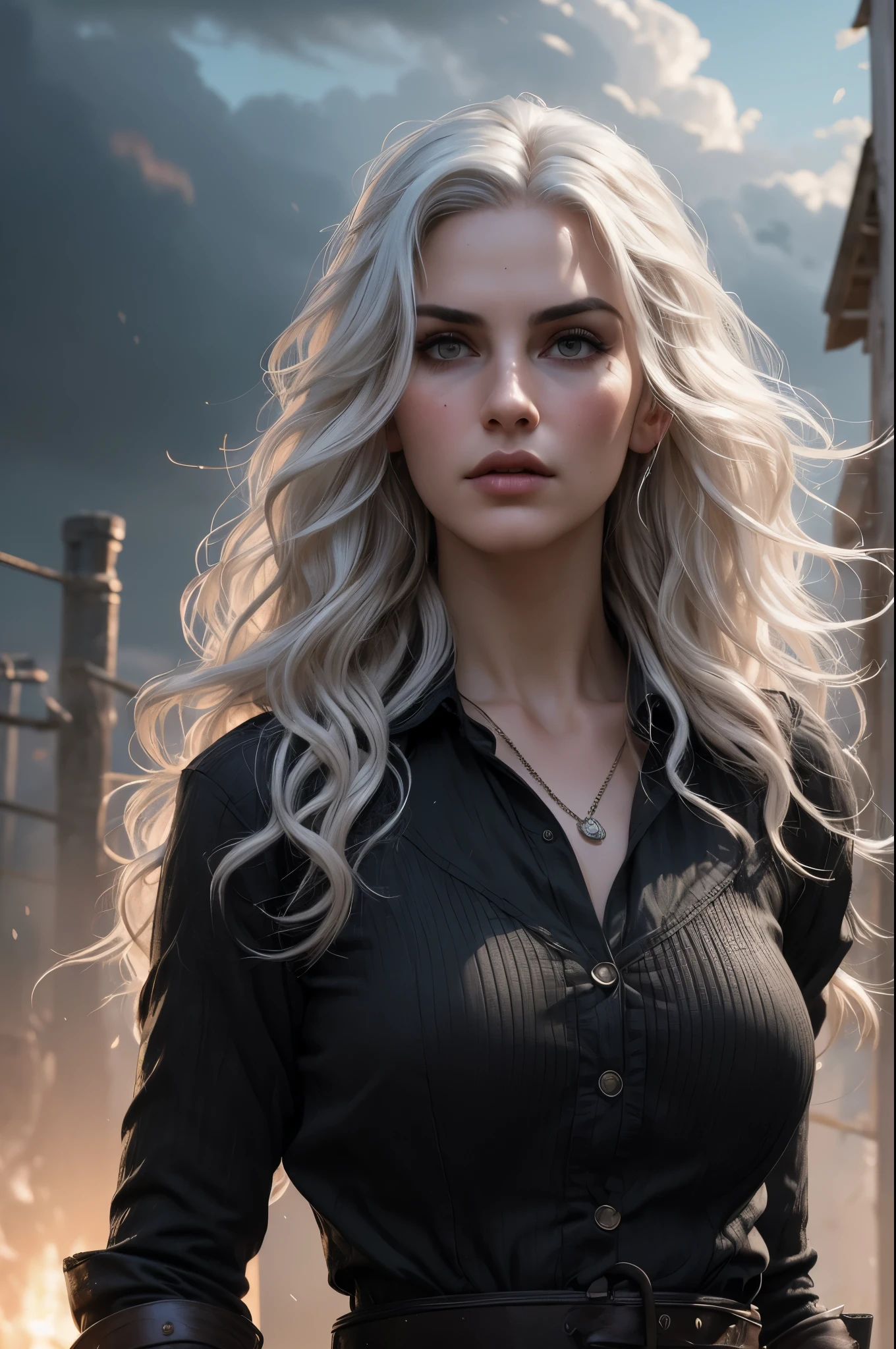 (masterpiece, absurdres, highres, ultra detailed), 1woman, wavy white hair, adult, black eyes, focus,handsome face, yennefer the witcher, charming, detailed eyes and face, angry expression, sky background