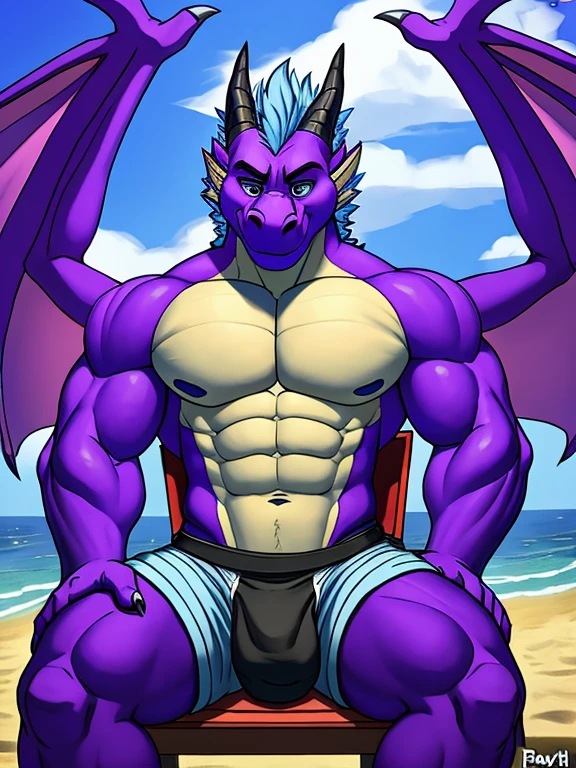 , (((Rampage at the beach wearing no underwear, and looking at the ladies at the beach while sitting in the chair, looking at a bunch of people in the distance ))) , big chest, day, sexy, sensual, detailed, uploaded to e621, beautiful and detailed portrait of an anthropomorphic , (((male))) uploaded to e621, zaush, foxovh, movie lighting, , thicc, alone, some muscular build, movie cover, Rampage at the beach wearing no underwear and looking at the ladies at the beach while sitting in the chair, looking at a bunch of people in the distance,rampage, huge , purple dragon with wings and a very tan chest and has light blue hair on his head, huge dick out