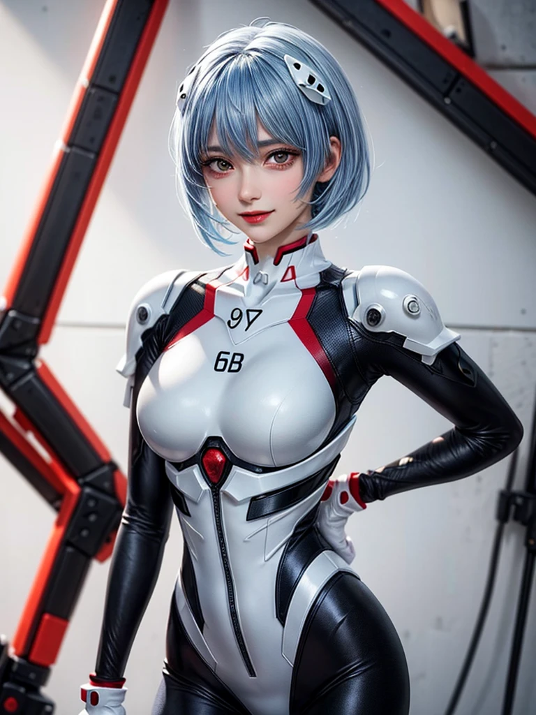 Masterpiece, highest quality, 8K, detailed skin texture, fine cloth texture, beautiful detailed face, intricate details, super detailed, portrait of Rei Ayanami, blue hair, red eyes, looking far away, no background, Evangelion Wearing a plug suit when riding, plug suit, whole body visible, standing, arms crossed, , beautiful, cute, great style, smiling,composition that shows the whole body,