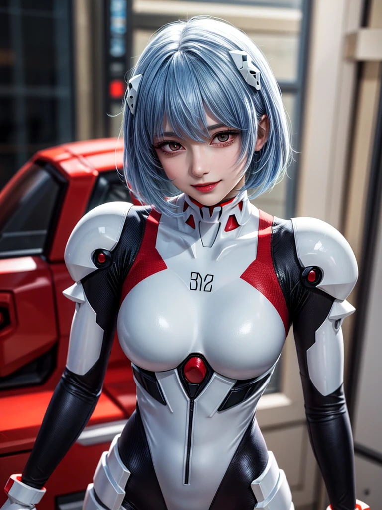 Masterpiece, highest quality, 8K, detailed skin texture, fine cloth texture, beautiful detailed face, intricate details, super detailed, portrait of Rei Ayanami, blue hair, red eyes, looking far away, no background, Evangelion Wearing a plug suit when riding, plug suit, whole body visible, standing, arms crossed, 15 years old, beautiful, cute, great style, smiling,composition that shows the whole body,