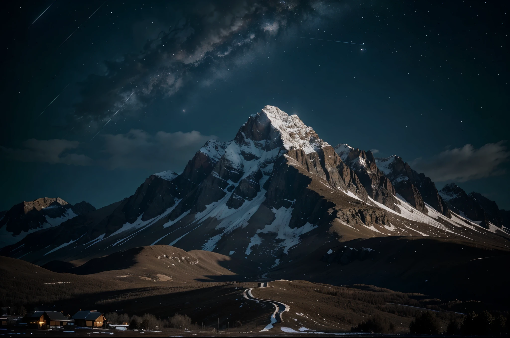 Large mountain, ground view, far view, night time, mountain fogus, big planet on sky, no one，Dark fantasy storyline，Perfect and wonderful composition，8k resolution，details，rain path，moisture，Water stains，Take a very wide angle photo.，Jack Guzman&#39;s environmental art photography，realistically，movie elements，Volumetric illumination，brightness, Detailed, dramatic sky, Multi-colored clouds floating.，true to life, clear public space, flawless perfection, SLR digital camera, 16k, 1024, 2048, 4096, Detailed, sharp, best quality, มีHigh quality, nonsense，Driverless background，which has many details、Shadows with details，Trends on artstation、complicated、high details、Dramaidjourney art（Volumetric illumination：1.2）shot in hdr。（Distant view，super deep view，ultra wide angle，Microfocal length lens：1.2）（realistically：1.4）Masterpiece、High quality、Beautiful photography、world class illumination.,full colour+mood and tone, IMAX cameras., national geographic, photography,Lord of the Rings style, Polaroid, high-detail realistic 8k full HD.