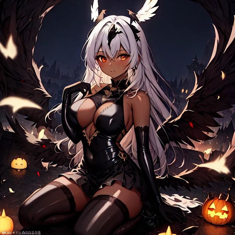 Tips for stable diffusion are as follows:: "1 girl, Solitary, Dark skin, White hair, ruby tiara, Wing Hair Clip, Black Wings, White wings, Gray wings, illustration, Extremely detailed, Vibrant colors, Scattered Lighting."
explain:
- 1 girl: The protagonist of this picture is a girl.
- Solitary: The girl in the painting looks .
- Dark skin:她的皮肤是深色的
- White头发: The girl has White hair.
- Red Gemstone Headdress: She wore a headdress decorated with red gemstones.
- Wing Hair Clip: The girl is wearing a hairpin that looks like wings.
- Black Wings, White wings, Gray wings: There are wings of various colors on the screen, For example, black, White, and gray.
- illustration: 创作艺术品所用的媒介是illustration.
- Super detailed: This artwork aims to capture intricate details.
- Vibrant colors: The color palette used in the artwork is vibrant and alive.
- Scattered Lighting: Lights in the image create a bokeh effect, Add depth and dreamy atmosphere.
Please note,Tips do not require any additional explanation,and meet the required format and content standards.
