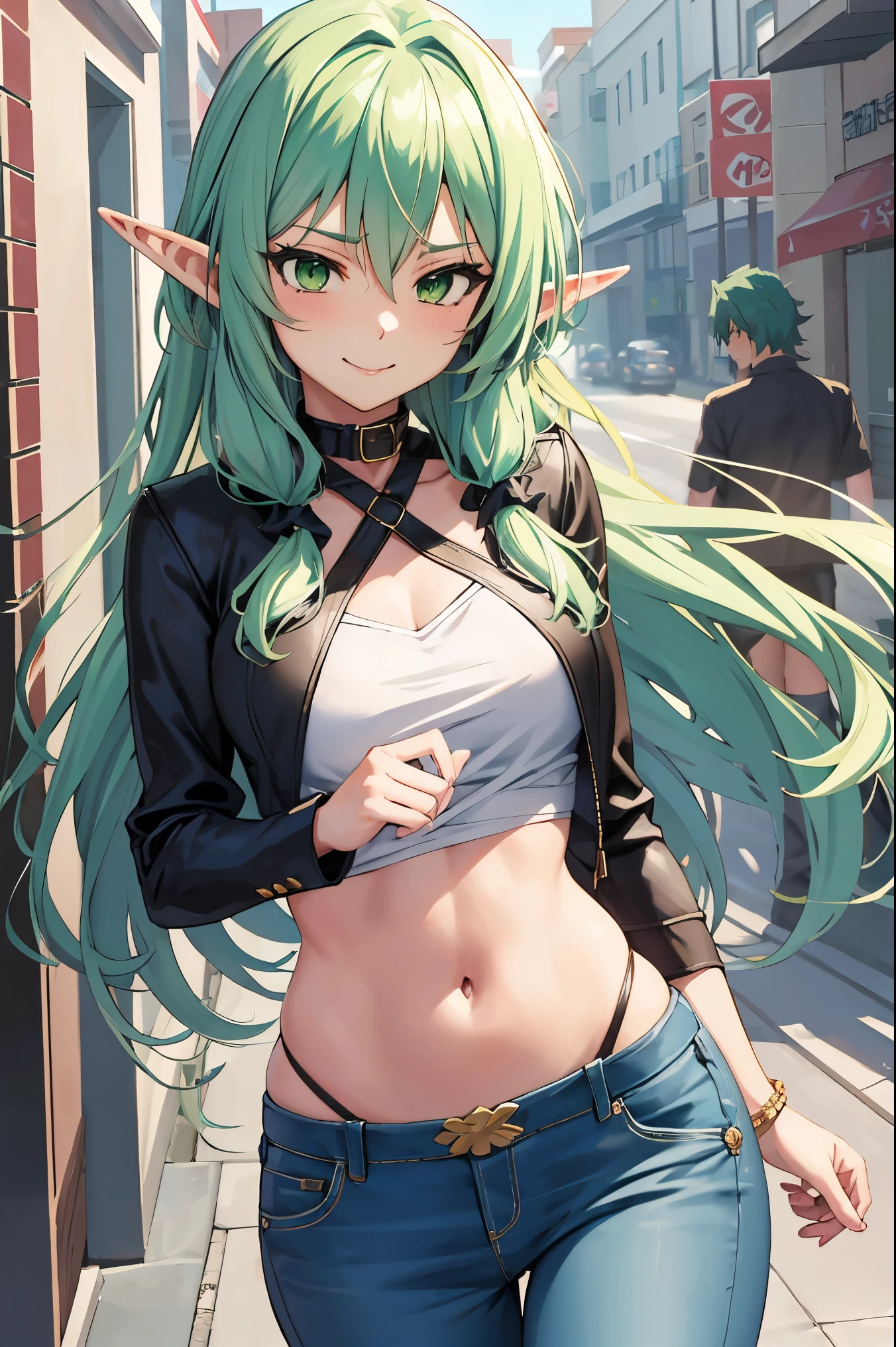 (masterpiece, best quality, detailed) ,1girl, highelfarcher, high elf archer, elf, (green eyes:1.5), (green hair:1.2), hair between eyes, long hair, pointy ears, sidelocks, jeans walking down the street,cute anime girl, pretty anime girl, smooth anime cg art, beautiful anime girl, attractive anime girl, ecchi anime style, seductive anime girl.teasing smile, clean detailed anime art,high resolution, (perfect hands, perfect anatomy),