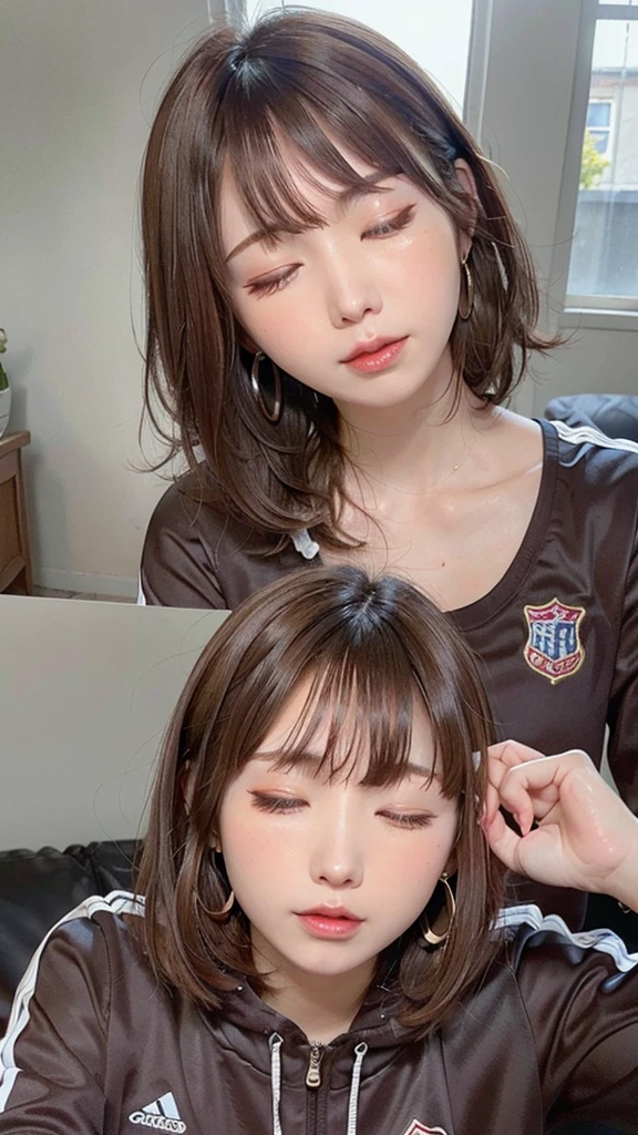 1 female, Brown Hair,Brown eyes, Delicate face, cute, Love Earrings, Tracksuit top and bottom, Playful, Ultra HD, masterpiece, highest quality, Super detailed, Accurate,((wince)),((one eye closed)),