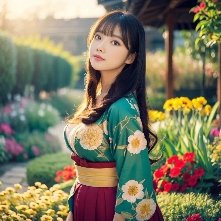 1 girl aged 25-30 years,Bright and beautiful demeanor, Long hair floats up,blown up, The sun shines brightly., Supports large, sexy breasts, flower garden, Antique kimono, dark green, dark red, black, dark blue,, Masterpiece, best quality, Highly detailed 16k, Take photos with a high quality camera 45,000,000 pixels