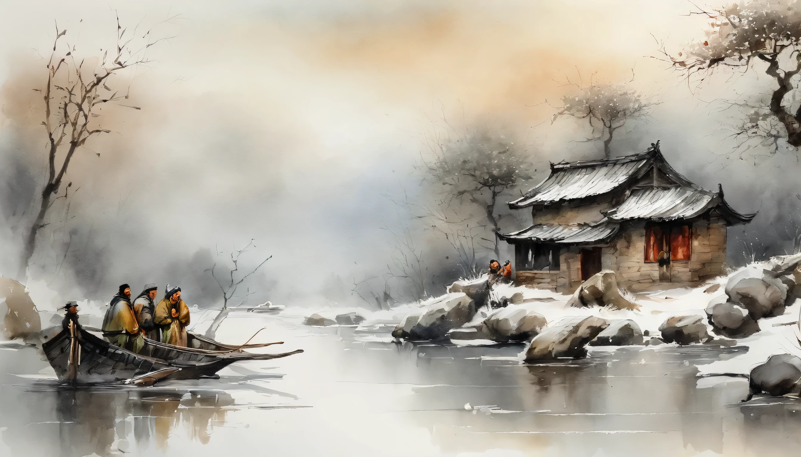 Chinese landscape painting，ink and watercolor painting，water ink，ink，Dirt，Vision，Ultra-wide viewing angle，Scrupulous，View of fishing boats，Dirt，Low Saturation，Low contrast, Naked People々is bathing alone in the snow in a cold river with a rebessing，Snow Scene，Beautifully drawn，Detailed，Acura，Masterpieceasterpiece