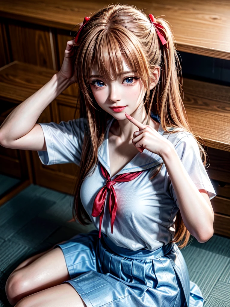（8k, highest quality, Pieces fly:1.2)、Ultra-high resolution、anime,1 very pretty girl,Asuka Langley,Highly detailed face, Fine grain,blue eyes,,White sailor collar plain short sleeve shirt,Light blue skirt,Light Blue Suspenders,uniform_Red ribbon,Orange Hair,Long Hair、Detailed hand and fingers,put your hands in your hair,Grin、sitting on desk,Shooting from above,classroom