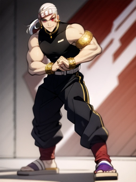 White hair, black tank top, very muscular, very strong, light purple eyes, ponytail, diamond accessories on head, golden earrings, golden bracelet on biceps, big pants, long red socks, black slipper, white belt, red tattoos on left eye only, fighting stance, smile, black fire theme,