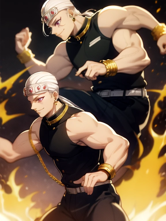 White hair, black tank top, very muscular, very strong, light purple eyes, ponytail, diamond accessories on head, golden earrings, golden bracelet on biceps, big pants, long red socks, black slipper, white belt, red tattoos on left eye only, fighting stance, smile, black fire theme,