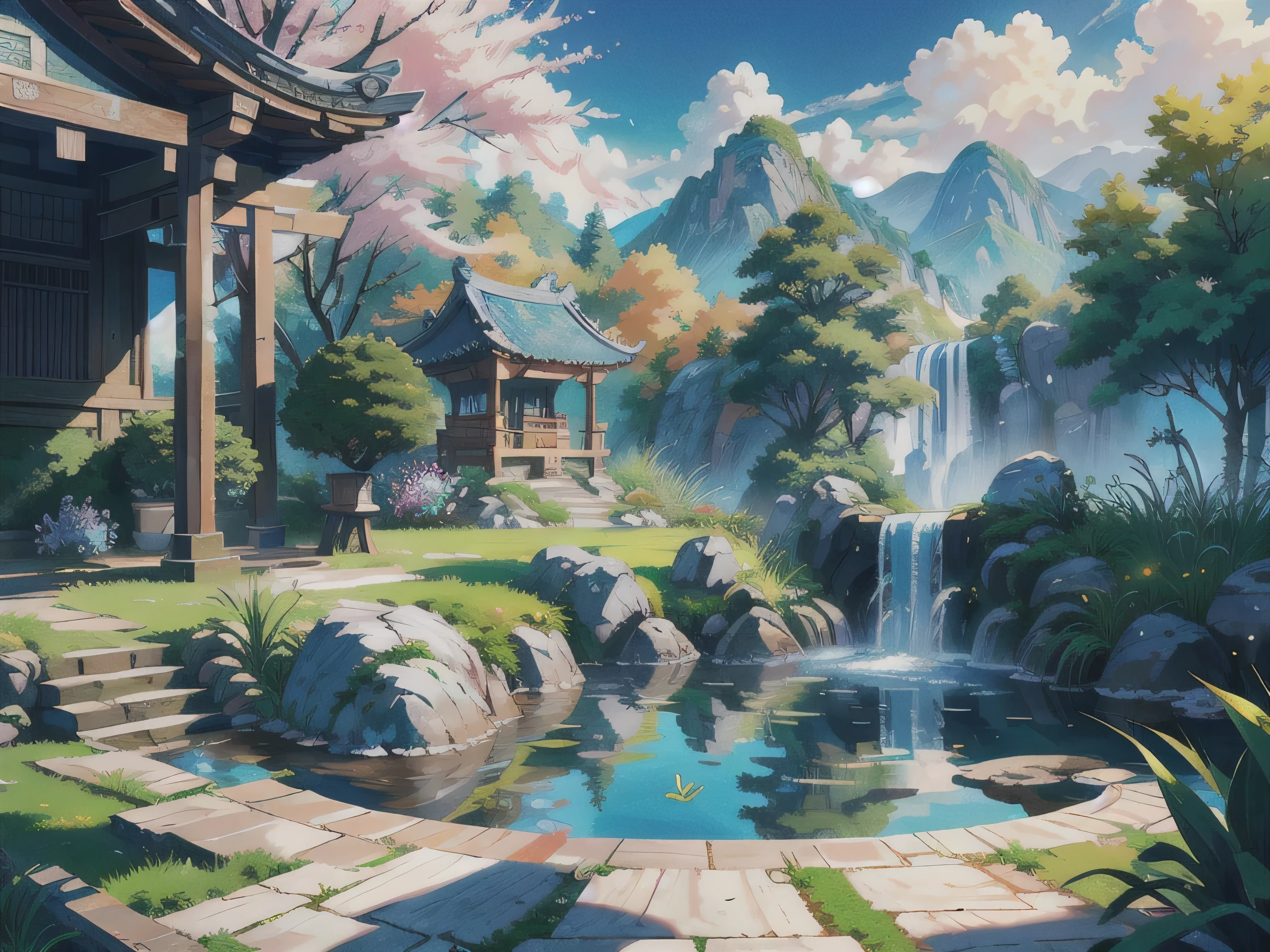 ancient Chinese architecture，blue sky，white clouds，garden，of bamboo，lakes，Stone，rockery，arches，corners，the trees，running water，landscape，out door，waterfalls，Grassland，Rock，water lilies，onsen，water vapour，（illustartion：1.0），Epic composition，Realistic lighting，high-definition details，Jeizuo，The best quality，（Very detailed CG unified 8k） --v 6