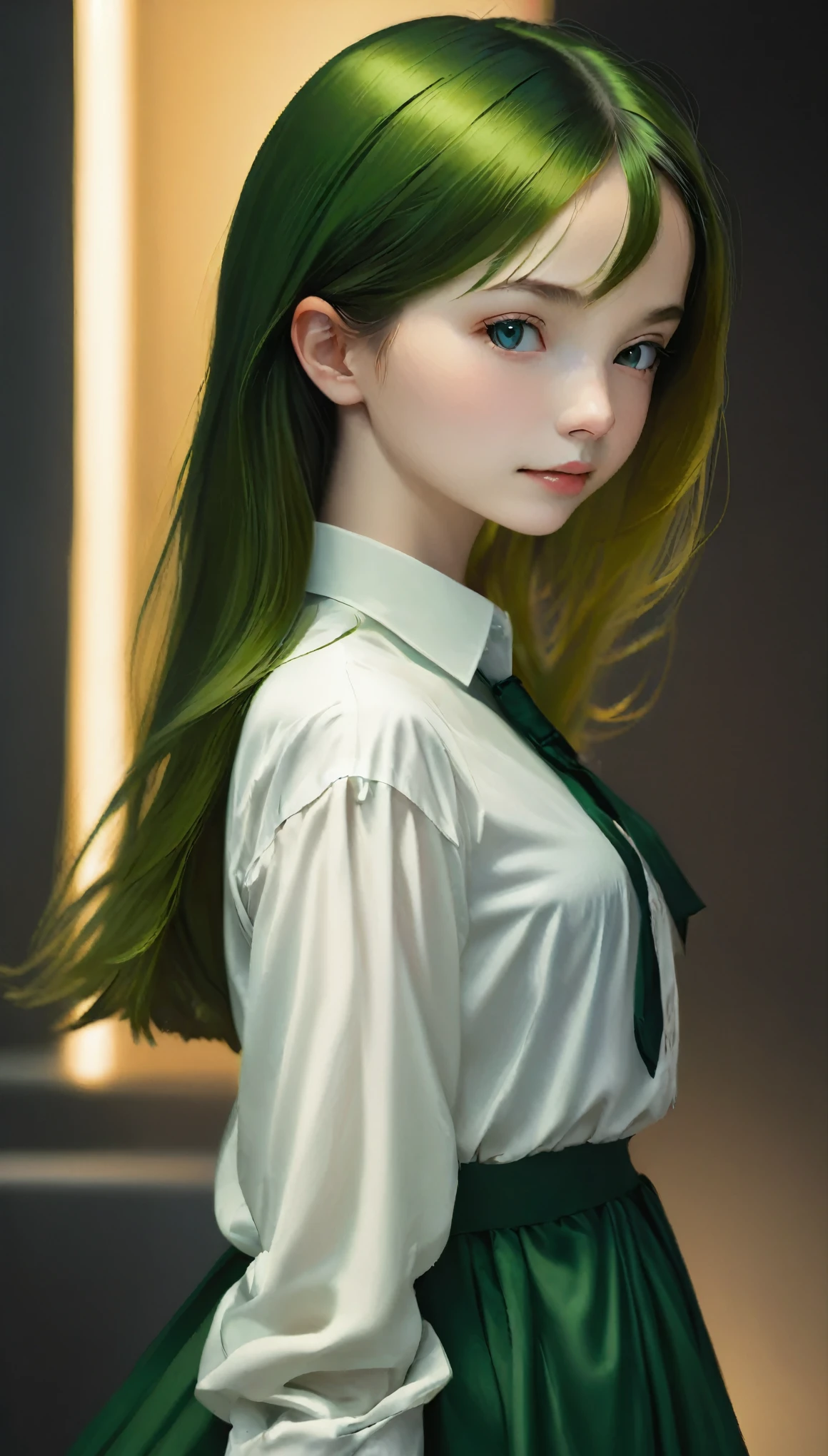 highest quality, Tabletop, High resolution, (((One Girl))), 16 years old,((Dark green block dress,White shirt inner:1.3)), Tyndall effect, Realistic, Shadow Studio, Rim Light, Dual Tone Lighting, (High Definition Skins: 1.2) Digital SLR, photograph, High resolution, 4K, 8k, Background Blur,Beautiful fade out