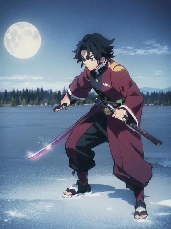 tomioka giyuu, katana stance, in midle of a frozen lake, detailed face, serious, air flow, scenery, forest in far distance, full body, full moon, male focus, absolutely calm