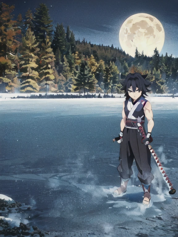 tomioka giyuu, katana stance, in midle of a frozen lake, detailed face, serious, air flow, scenery, forest in far distance, full body, full moon, male focus, absolutely calm