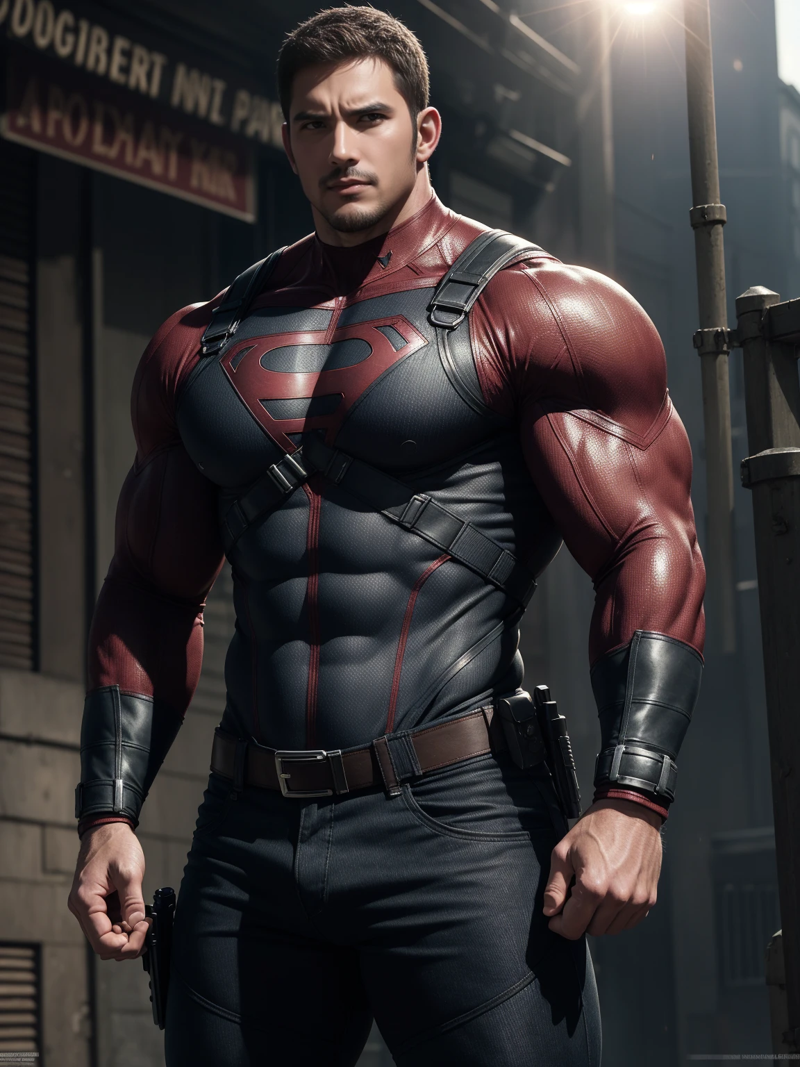 Angry super muscular man, Buzz Cut,On the old-style outdoor street under the hot sun, Wearing long-sleeved dark red superhero Black Panther bodysuit, Dark red denim fabric texture,The expression is arrogant, Thick thighs, Messy hair, Thick thighs, High collar, long sleeves, dark red superhero bodysuit, very tight, Regular symmetrical pattern, Highlight muscles, Police uniform pants, character concept(Resident Evil - Chris Redfield, Chris Redfield)A proud expression, Deep and charming eyes, Heroic male pose, tall Burly, muscular!muscular thighs, tough guy, perfect facial features, High, Burly, Heqiang, Super polished and cool, High Resolution Committee, Charismatic, The sun is blazing, dazzling