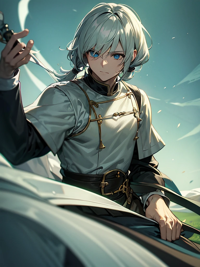 Gentle and  RPG style man, cabelo branco e encaracolado, olhos amarelos e pele parda