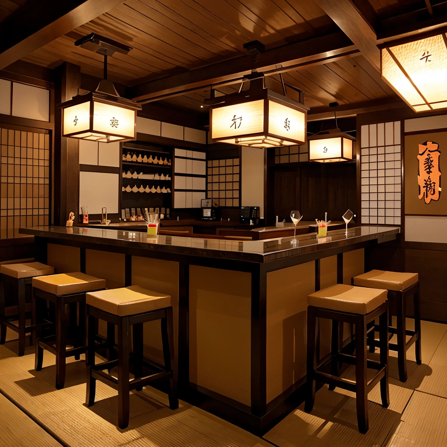 Oriental themed sushi bar filled with Japanese decorations