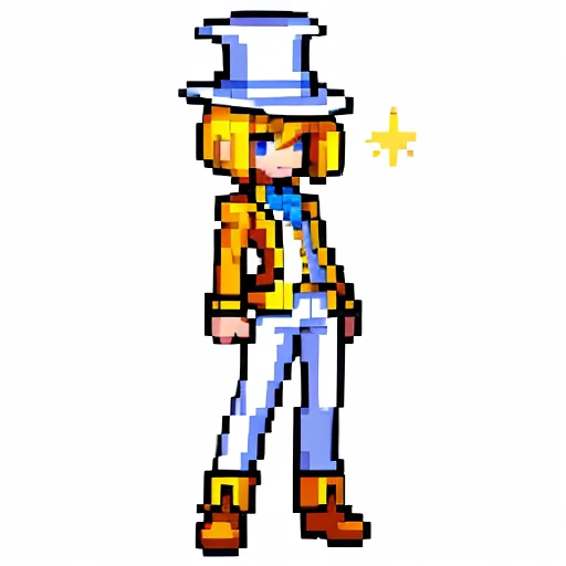 Pixel art, full body, facing left (important), medium blonde bob with bangs, yellow and orange, magical girl, small yellow top hat, tuxedo, boots. Hair color: Medium blonde bob with bangs.
Eye color: Blue eyes.
Top: He is wearing an orange jacket, and a yellow vest under the jacket.
Shirt: He wears a white shirt and a green tie.
Trousers: white pants.
Shoes: Yellow boots.
Hat: He wears a small yellow top hat with a ribbon and flower decoration.