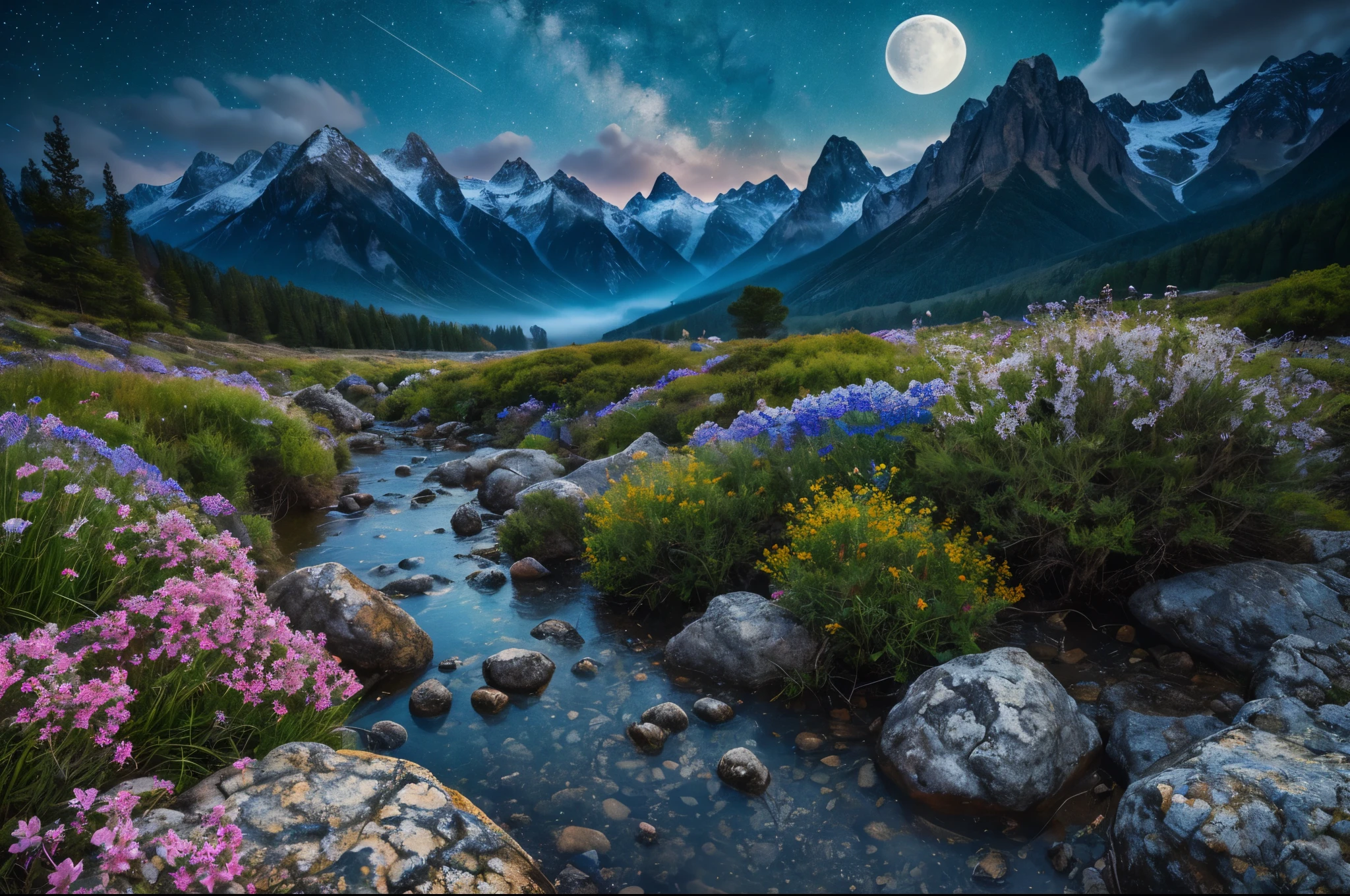 retrowave.mountains, starry night,milky way,Moon night background with beautiful lake wallpaper ,view is spectacular.，mountain forest landscape photography，nature，It just rained.，Bushes in the moonlight，Turquoise blue water，Rocks of various shapes，alpine cliffs，1 white Phalaenopsis orchid，Gray, black and white and blue tones, minimalist style.，The sky is foggy.，nightmare vision， Dark fantasy storyline，Perfect and wonderful composition，8k resolution，details，rain path，moisture，Water stains，Take a very wide angle photo.，Jack Guzman&#39;s environmental art photography，realistically，movie elements，Volumetric illumination，brightness, Detailed, dramatic sky, Multi-colored clouds floating.，true to life, clear public space, flawless perfection, SLR digital camera, 16k, 1024, 2048, 4096, Detailed, sharp, best quality, มีHigh quality, nonsense，Driverless background，which has many details、Shadows with details，Trends on artstation、complicated、high details、Dramaidjourney art（Volumetric illumination：1.2）shot in hdr。（Distant view，super deep view，ultra wide angle，Microfocal length lens：1.2）（realistically：1.4）Masterpiece、High quality、Beautiful photography、world class illumination.,full colour+mood and tone, IMAX cameras., national geographic, photography,Lord of the Rings style, Polaroid, high-detail realistic 8k full HD.