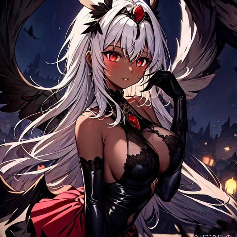 The Stable Diffusion prompt is as follows: "1 girl, alone, dark skin, white hair, red jewel headdress, wing hairpin, black wings, white wings, gray wings, illustrations, ultra-detailed, vibrant colors, bokeh lighting."
Explanation:
- 1 girl: The main subject of the image is a girl.
- Alone: The girl is depicted in solitude.
- dark skin: Her skin is dark.
- White hair: The girl has white hair.
- Red jewel headdress: She wears a headdress adorned with a red jewel.
- Wing hairpin: The girl wears a hairpin that resembles wings.
- Black wings, white wings, gray wings: The depiction includes wings in various colors, such as black, white, and gray.
- Illustrations: The medium used to create the artwork is illustration.
- Ultra-detailed: The artwork aims to capture intricate details.
- Vibrant colors: The color palette used in the artwork is vibrant and lively.
- Bokeh lighting: The lighting in the image creates bokeh effects, adding depth and a dreamy atmosphere.
Please note that the prompt is provided without any additional explanations and meets the required format and content criteria.