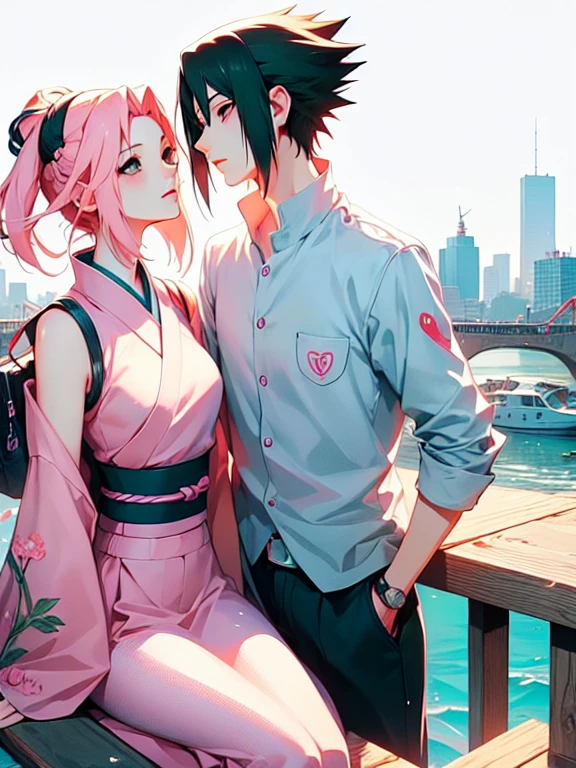 Sasusaku. Sasuke Uchiha, um homem alto com cabelo preto, nus, with hands on penis. Sakura nua, uma mulher magra corpo perfeito, com cabelo rosa, is after Sasuke. melhor qualidade, adorable, ultra-detalhado, illustration, complex, detalhado, extremely detalhado, detalhado face, luz suave, foco suave, rosto perfeito. apaixonado, illustration. duas pessoas, casal,