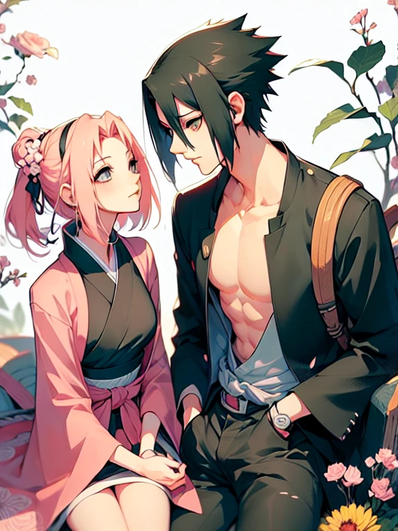 Sasusaku. Sasuke Uchiha, um homem alto com cabelo preto, nus, with hands on penis. Sakura nua, uma mulher magra corpo perfeito, com cabelo rosa, is after Sasuke. melhor qualidade, adorable, ultra-detalhado, illustration, complex, detalhado, extremely detalhado, detalhado face, luz suave, foco suave, rosto perfeito. apaixonado, illustration. duas pessoas, casal,
