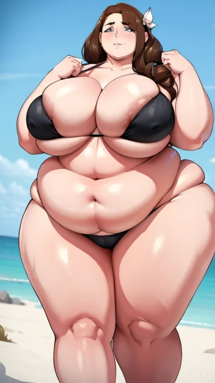 brownhaired, ssbbw, fat, chubby, 400kg, ultra heavy girl, she eat more fastfood, too tight bikini, beach