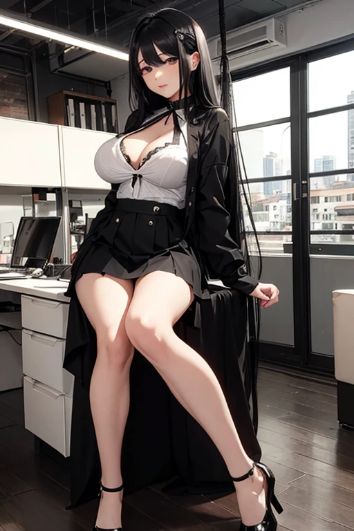 Italian girl, 25 years old, very long loose black hair, super mega gigantic breasts, unbuttoned white shirt, black lace bra, black pleated miniskirt, elegant shoes, slave collar, breasts tied together with ropes, thin, office, hands tied with rope