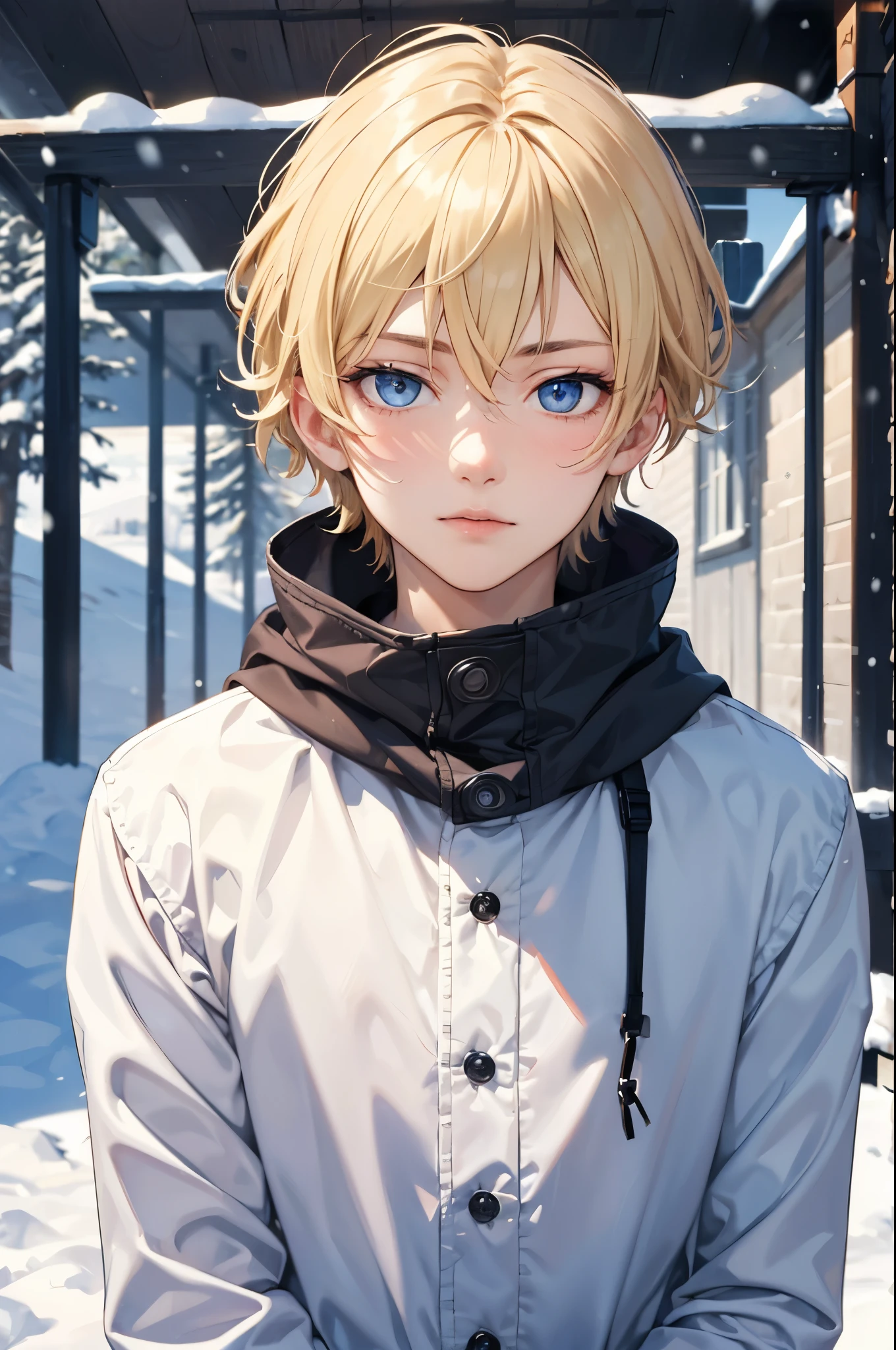 Portrait of a beautiful European boy,alone,16 years,Beautiful Face, blonde, Sharp focus,snow day,boy,from the front,look forward to,Upper Body,blue eyes,
