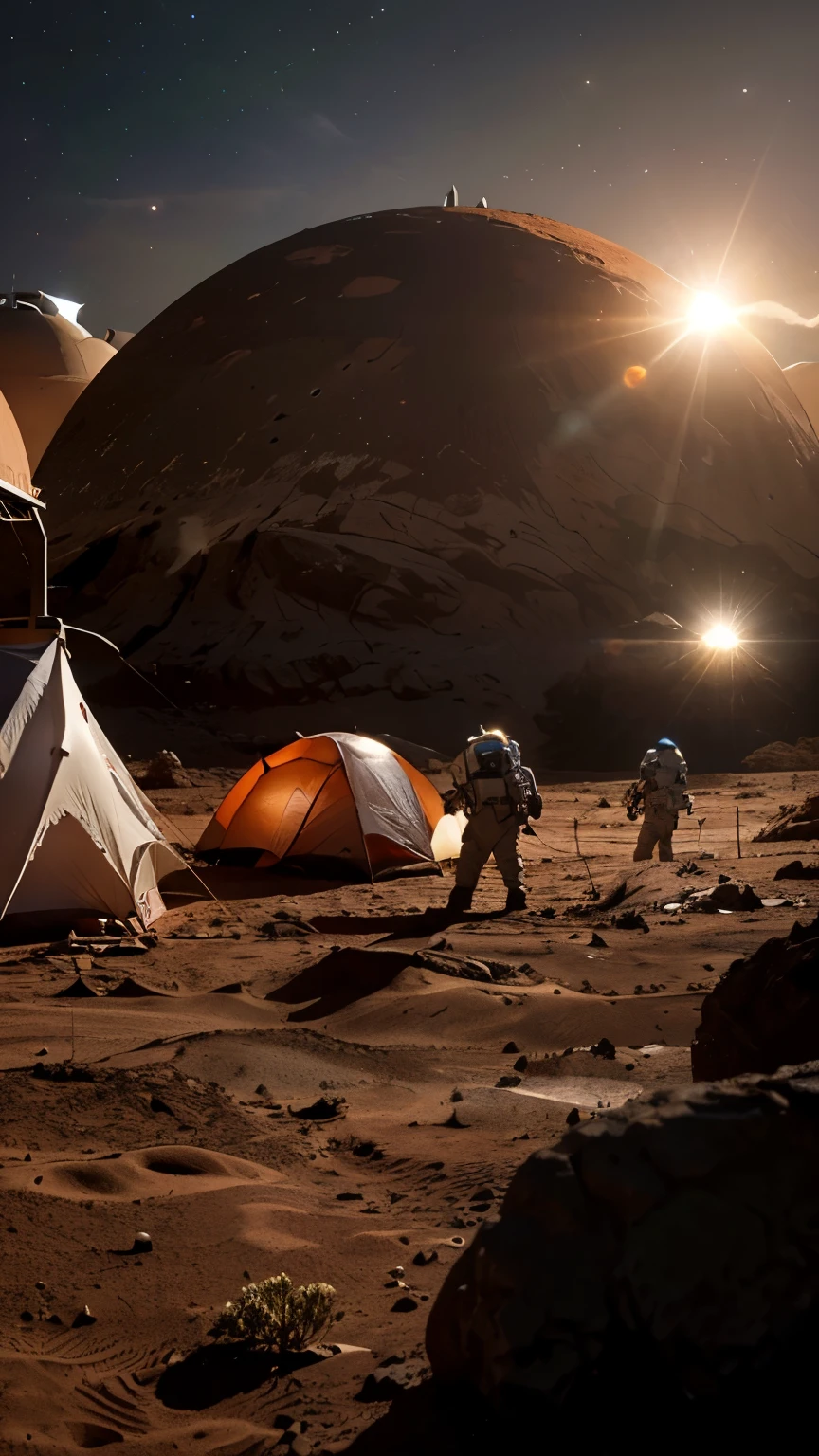 Create a detailed illustration of a camping base on Mars. The base should include transparent habitation domes, exploration vehicles, solar panels, and a small hydroponic garden. The scene should depict the planet's rocky, reddish terrain with mountains and a slightly orange sky. Add astronauts in space suits performing activities like collecting soil samples or adjusting equipment. Include Elon Musk, recognizable with his short, light brown hair, medium build, and wearing a customized space suit with a SpaceX logo, actively engaging with the astronauts and overseeing the operations.