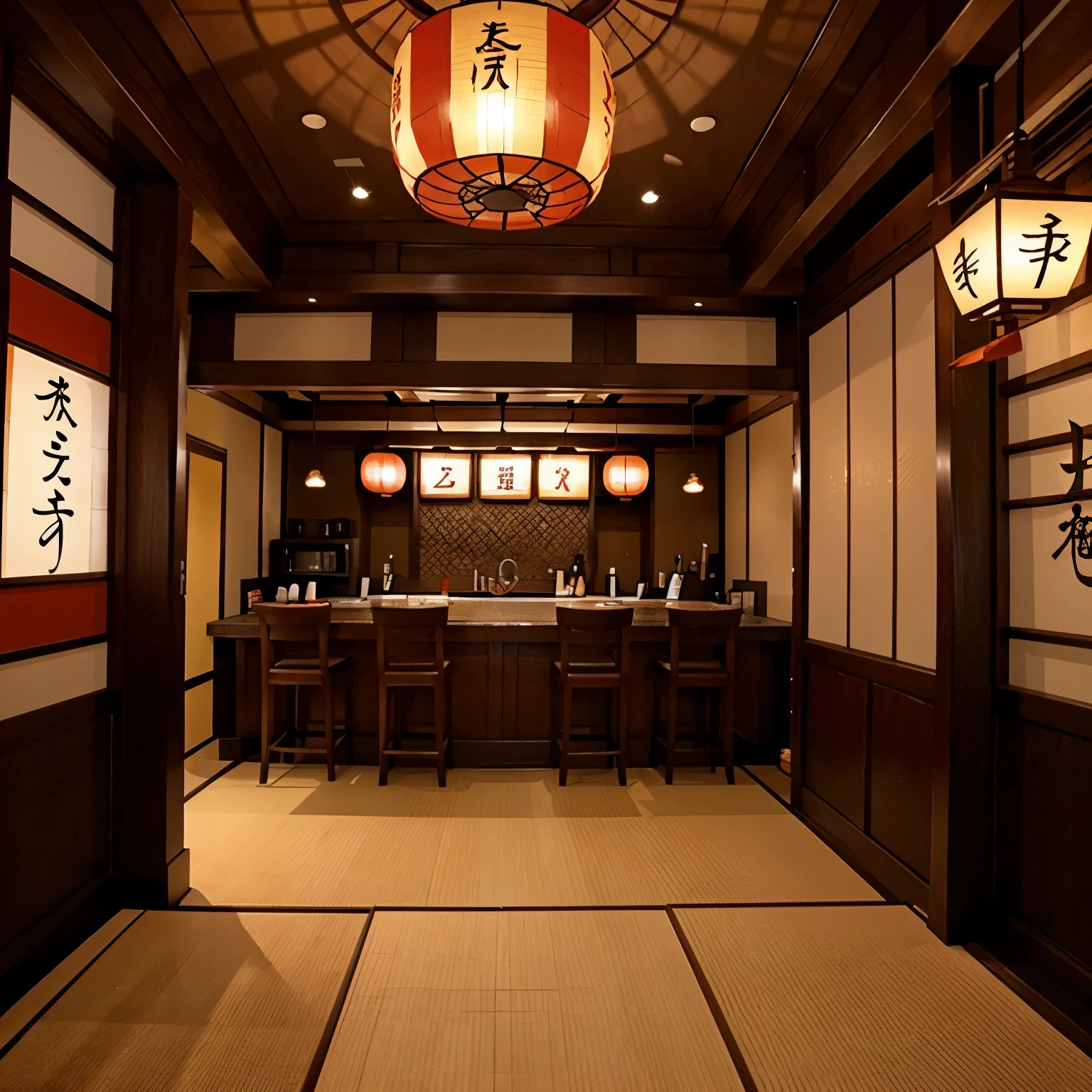 Oriental themed sushi bar filled with Japanese decorations