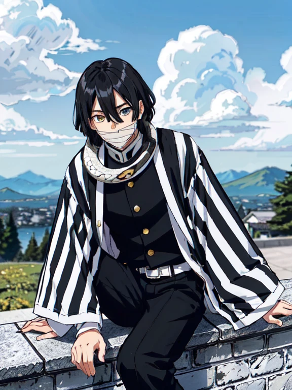 1boy, snake, heterochromia, black hair, male focus,angry, snake,angry, yellow eyes, outdoors, blue eyes, japanese clothes, black pants, hair between eyes, wide sleeves, long sleeves, sky,  demon slayer uniform, striped jacket,  bangs, iguro obanai,  sitting, [red eyes], cloudy sky, scenery