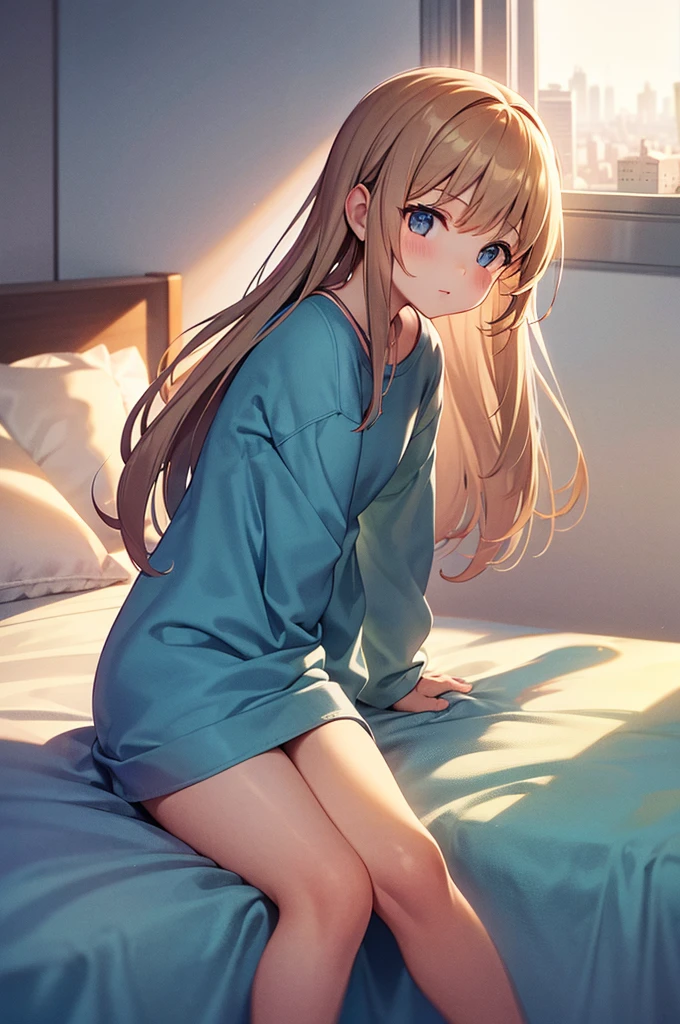 a 8 year old girl sitting in bed with her sleeping clothes there an window behind the bed the view of the city