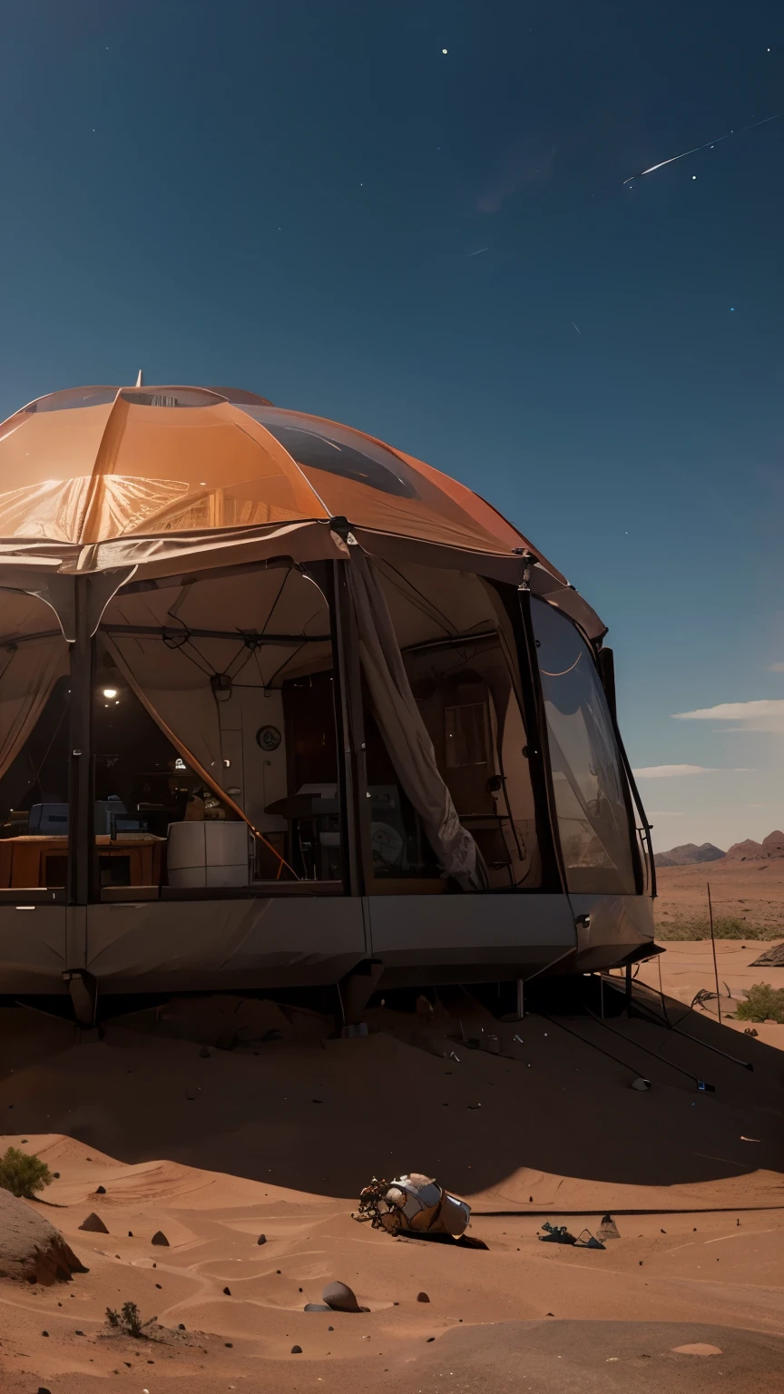 Create a detailed illustration of a camping base on Mars. The base should include transparent habitation domes, exploration vehicles, solar panels, and a small hydroponic garden. The scene should depict the planet's rocky, reddish terrain with mountains and a slightly orange sky. Add astronauts in space suits performing activities like collecting soil samples or adjusting equipment. Include Elon Musk, recognizable with his short, light brown hair, medium build, and wearing a customized space suit with a SpaceX logo, actively engaging with the astronauts and overseeing the operations.