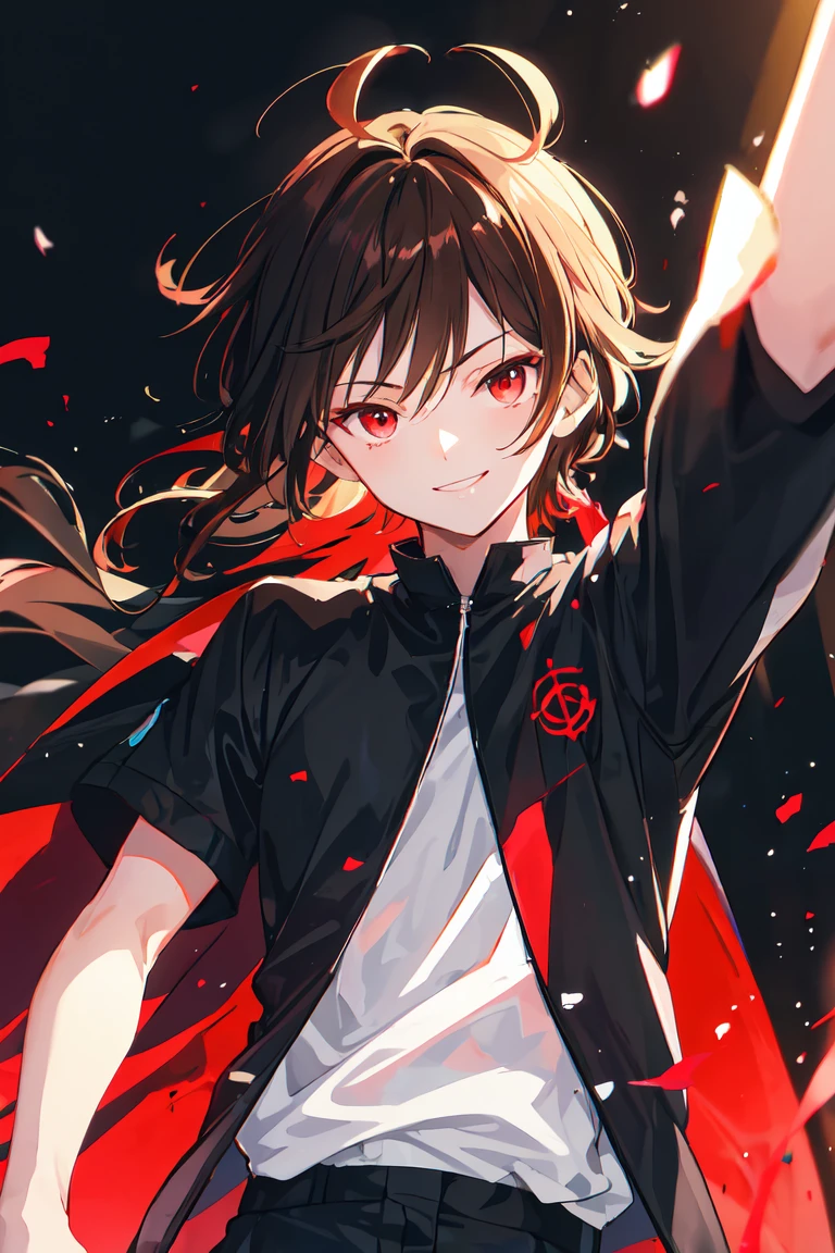 ((One Person)),Anime boy with brown hair and red eyes staring at camera, Glowing red eyes,slim, dressed in a black outfit,Shadow Body,de pele branca,monochromes,hair messy,Bad smile,Diagonal angle,