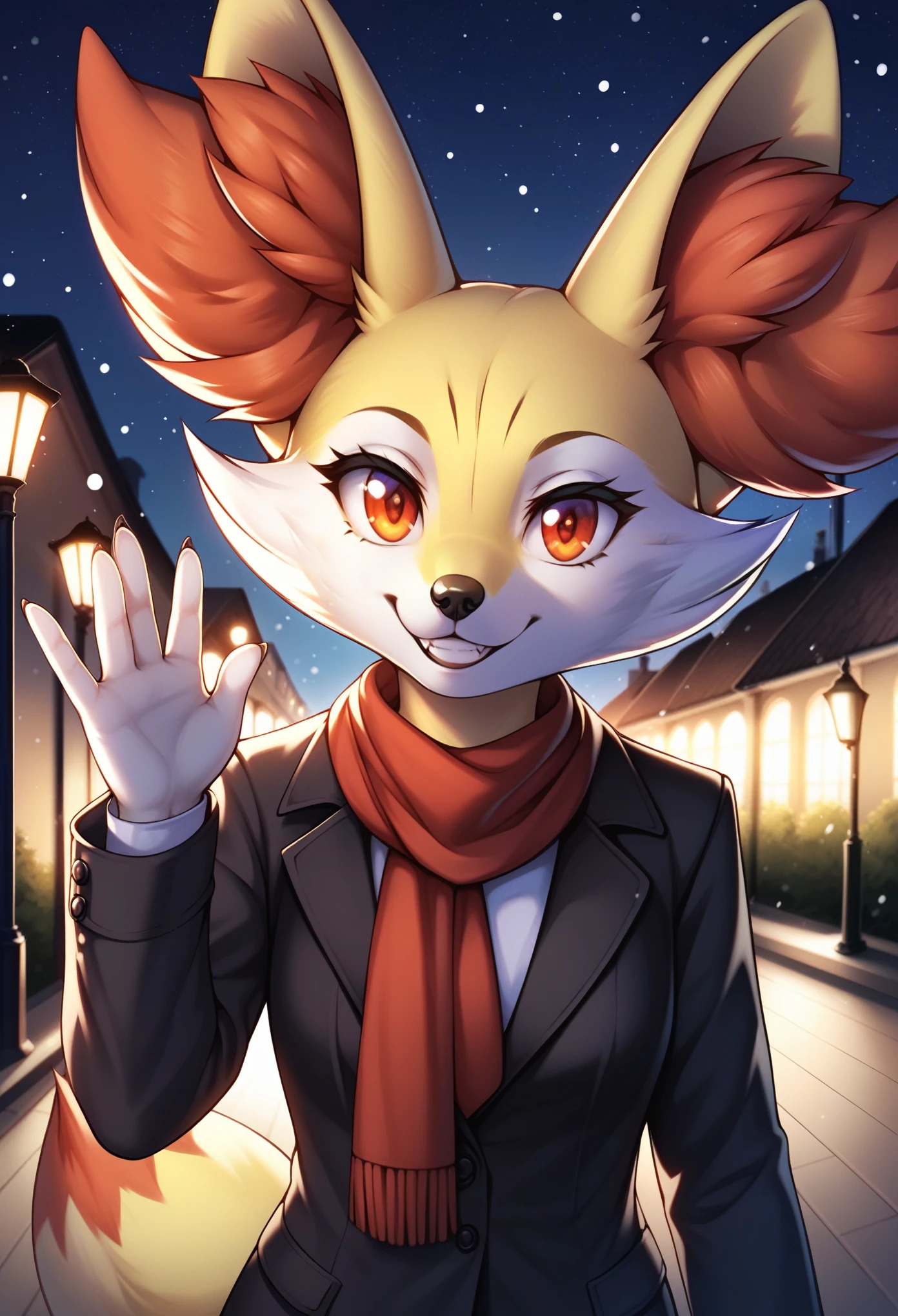 score_9, score_8_up, score_7_up, anthro (fennekin:1.25), red scarf, detective cloak, standing, smile, waving at viewer (three-quarter portrait), three-quarter view, close-up, BREAK, london train station, night, glowing, plant, snowing, detailed detailed background, depth of field, ambient silhouette, backlighting, masterpiece, best quality, light, solo