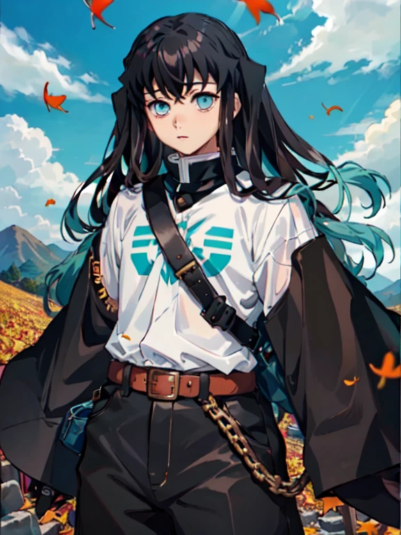 tokito muichiro, 1 chico, enfoque masculino, uniforme de cazador de demonios, pelo largo, hoja, ropa japonesa, mangas largas, nube, cielo, de pie, Also, tabi, Hojas cayendo, belt, al aire libre, cuervo, day, blue cielo, mangas anchas, belt, Also pantalones, pelo de dos tonos, pelo negro, golpes, ojos aguamarina, cerraduras laterales, pantalones, chaqueta negra, sleeves beyond the wrists, Naturaleza, ginkgo hoja, autumn leaves, tiro de vaquero,