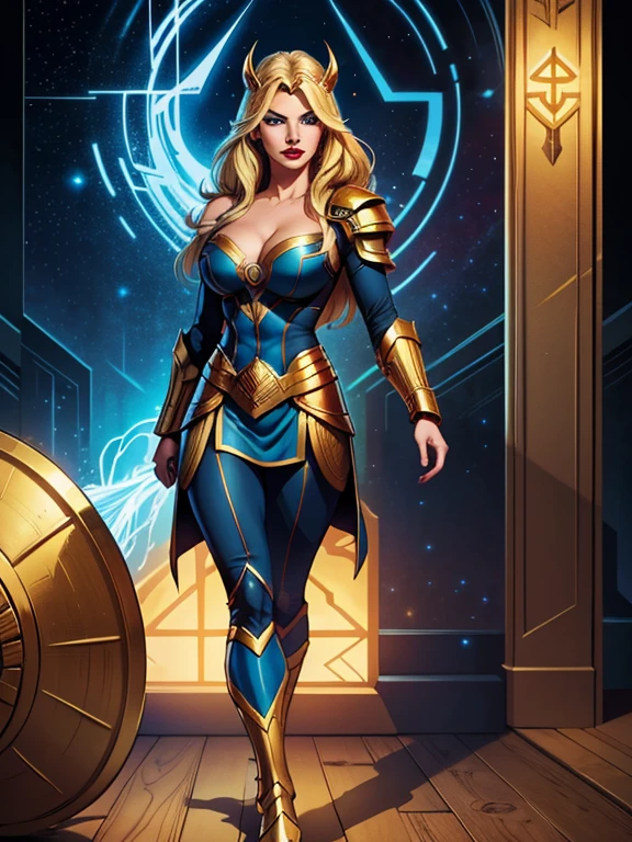 (best quality,4k,highre),illustration inspired by Jack Kirby's designs,  original comics book character. blonde woman,dark blue armor with gold trim,Norse helm with nose guard,V neck,cleavage,detailed eyes,long eyelashes,glowing blue eyes, red lips, dramatic makeup, full cheeks. Arrogant expression. Full body image.  Standing in Asgardian hall. Right hand in a golden glove