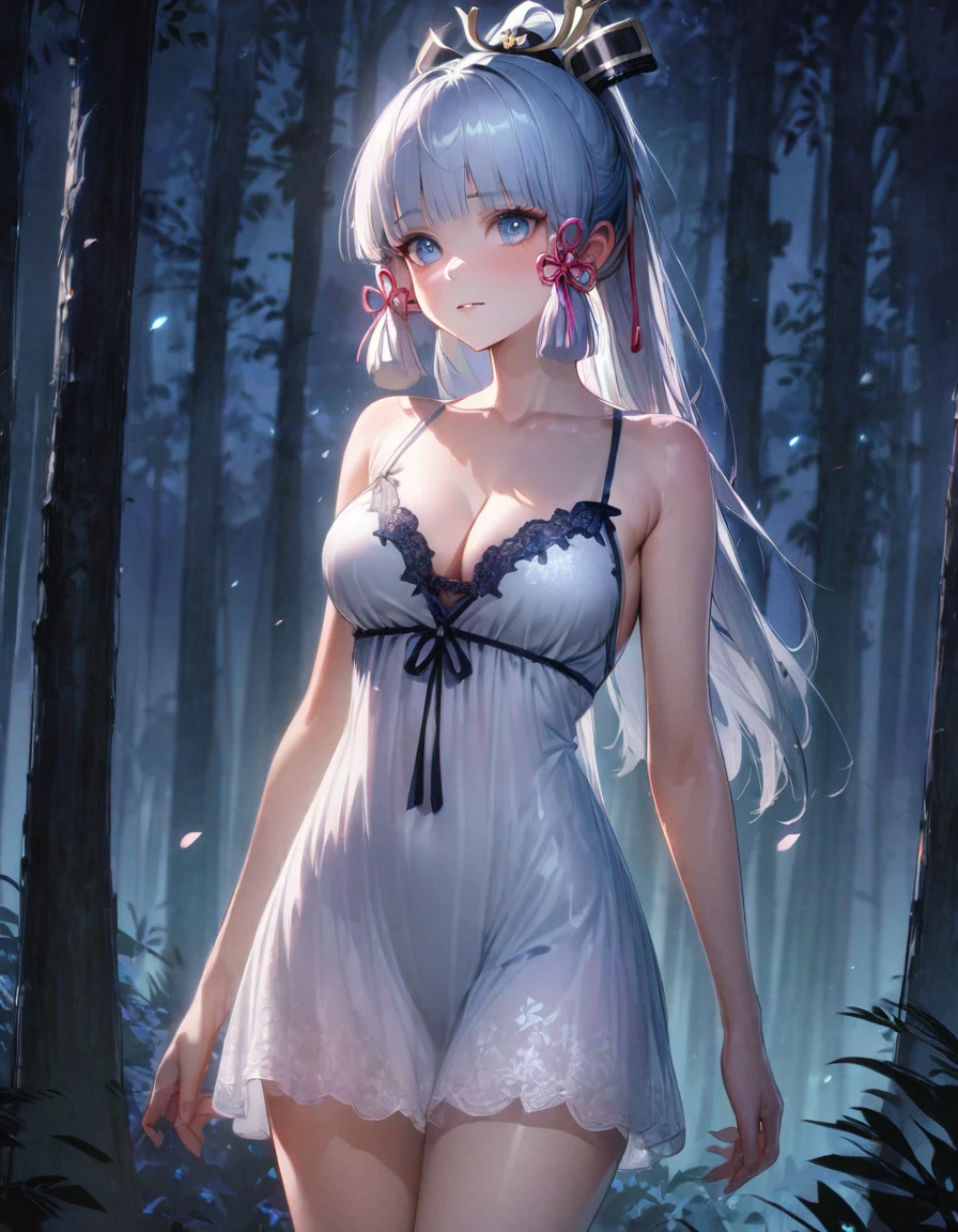 (SFW), ultra-detailed, best quality, illustration, detailed textures(realists), vivid colors, soft lighting, blushing, mature, no bras, hair fluttering, soft skin, beautiful, 4K, medium breasts, cleavage, kamisato_ayaka, solo, bright eyes, standing, slim body, narrow waist, (from front:1.5), bare thigh, beautiful-detailed eyes, ((white night gown, no sleeves night gown)), ((forest background, nighttime, dark forest with moonlight seeping through the canopy)),