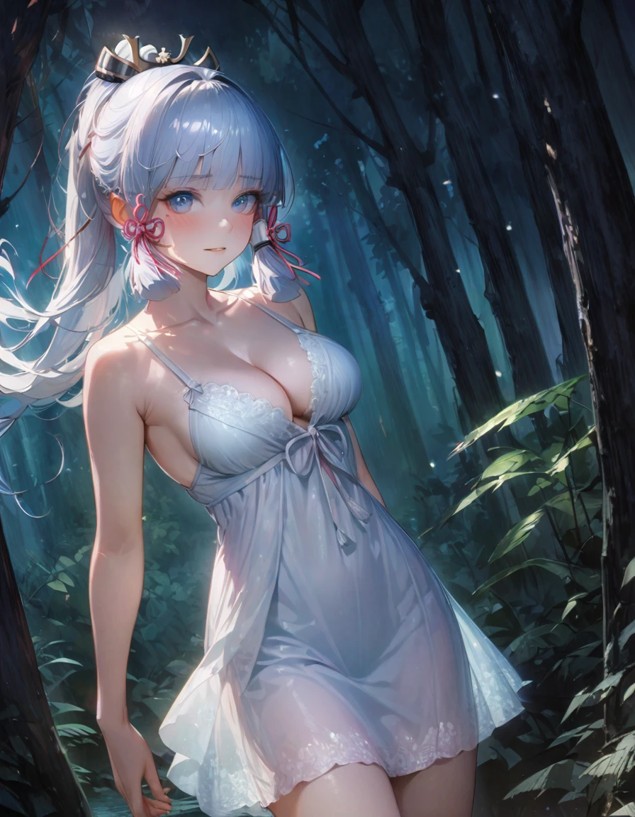 (SFW), ultra-detailed, best quality, illustration, detailed textures(realists), vivid colors, soft lighting, blushing, mature, no bras, hair fluttering, soft skin, beautiful, 4K, medium breasts, cleavage, kamisato_ayaka, solo, bright eyes, standing, slim body, narrow waist, (from front:1.5), bare thigh, beautiful-detailed eyes, ((white night gown, no sleeves night gown)), ((forest background, nighttime, dark forest with moonlight seeping through the canopy)),